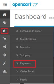 5. From your OpenCart Dashboard go to Extensions > Payments.