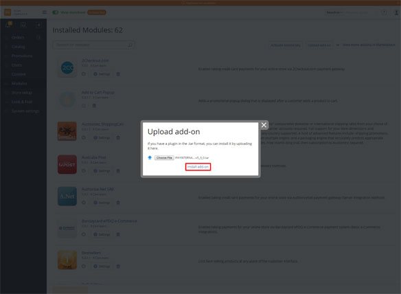 Upload add-on pop-up will appear where you should choose file in the .tar format and install it by clicking “Install add-on” button.